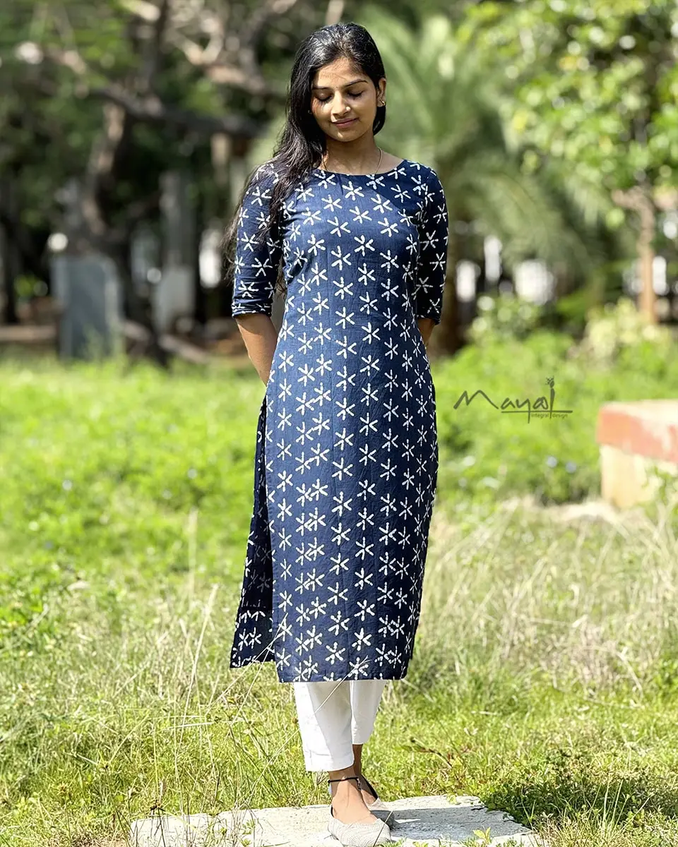 Indigo Blue Batik Printed Cotton Kurta | Women's Cotton Kurta Sets